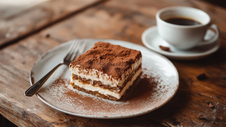 A plate of tiramisu dusted with cocoa powder, served with a cup of espresso on a rustic wooden table.の素材