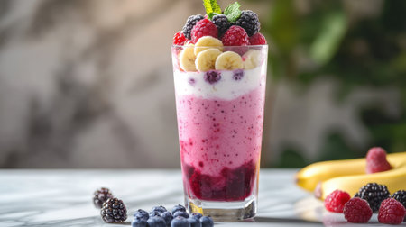 A refreshing fruit smoothie in a tall glass, with layers of berries, banana, and yogurt, placed on a marble countertop.の素材