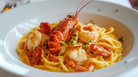 A gourmet Italian seafood dish of lobster and shrimp pasta with a rich, creamy saffron sauce, served in an elegant white bowl.の素材
