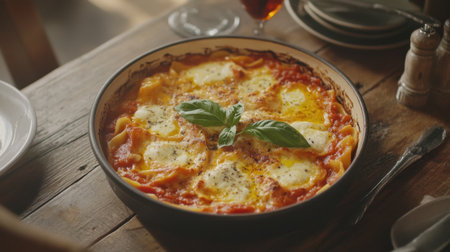 A homemade pasta dish with rich tomato sauce, mozzarella, and fresh basil, served on a rustic Italian dining table.の素材