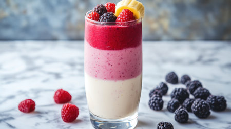 A refreshing fruit smoothie in a tall glass, with layers of berries, banana, and yogurt, placed on a marble countertop.の素材