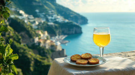 A glass of chilled Limoncello next to a plate of almond biscotti, served on a terrace overlooking the Amalfi Coast.の素材