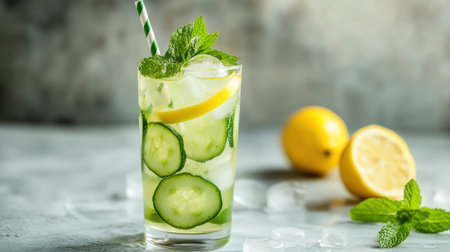 A refreshing glass of cucumber and lemon juice with mint, served in a tall glass with ice cubes and a striped straw.の素材