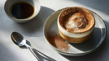 A homemade tiramisu dessert served at an Italian caf, dusted with cocoa powder and accompanied by an espresso.の素材
