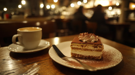 A homemade tiramisu dessert served at an Italian caf, dusted with cocoa powder and accompanied by an espresso.の素材