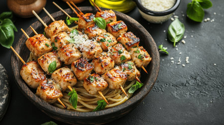 A plate of homemade spaghetti tossed in olive oil, garlic, and fresh herbs, topped with grated Parmesan and served in a rustic bowl.の素材