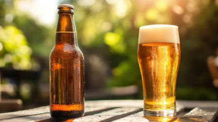 A refreshing bottle of craft beer with condensation, accompanied by a cold beer glass filled to the brim, on a sunny patio table.の素材