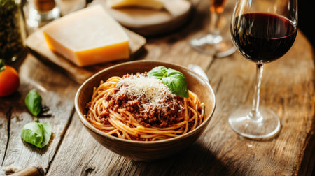 A rustic wooden table featuring a classic Italian meal a bowl of spaghetti Bolognese, a glass of red wine, and a chunk of Parmesan cheese.の素材