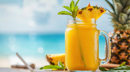 A refreshing glass of pineapple juice served in a mason jar with a pineapple slice and mint, on a tropical beach setting.の素材