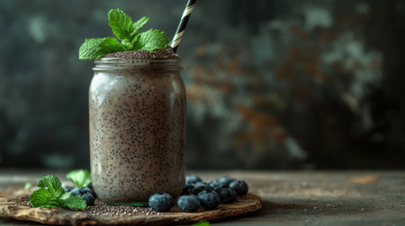 A smoothie with blueberries, chia seeds, and coconut milk in a glass jar, topped with fresh mint leaves and placed on a rustic table.の素材