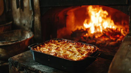 A rustic kitchen scene with a lasagna dish baking in an old-fashioned wood-fired oven, flames glowing in the background.の素材