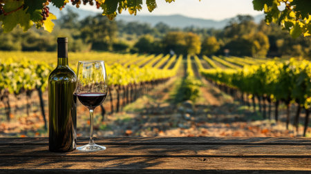 A scenic vineyard shot with rows of grapevines during harvest, and a bottle of wine and a wine glass set on a wooden table nearby.の素材