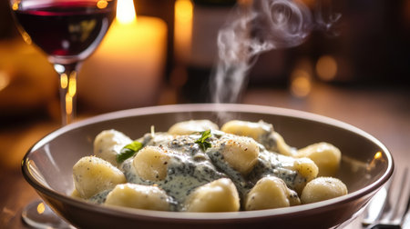 A steaming bowl of Italian gnocchi in a creamy Gorgonzola sauce, served alongside a glass of Italian red wine at dinner.の素材