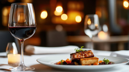 A sophisticated wine and dinner pairing with a glass of red wine, a plated dish of gourmet food, and an elegant table setting.の素材
