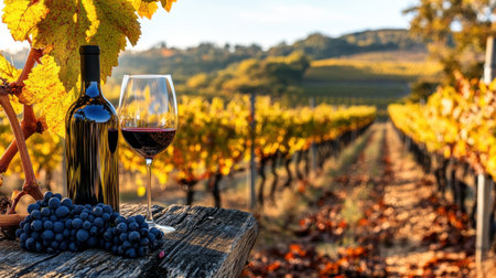 A scenic vineyard shot with rows of grapevines during harvest, and a bottle of wine and a wine glass set on a wooden table nearby.の素材