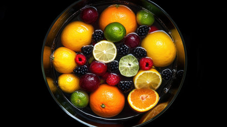 A top-down view of a pitcher of sangria filled with colorful fruits like oranges, lemons, and berries, served in wine glasses.の素材