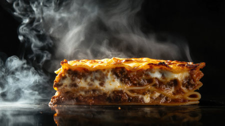A steaming slice of classic Italian lasagna with layers of pasta, rich meat sauce, creamy bchamel, and bubbling golden cheese.の素材