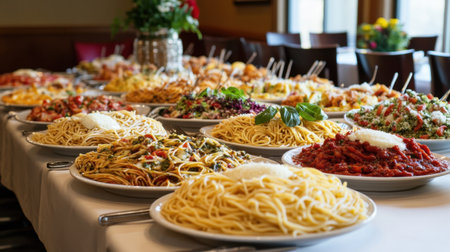 A table full of different spaghetti dishes, including carbonara, marinara, and pesto, each plated beautifully in an Italian-style setting.の素材