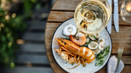 A top-down view of a chilled glass of white wine, paired with a plate of fresh seafood, on a wooden outdoor dining table.の素材