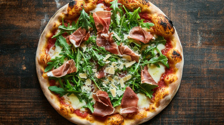 A top-down view of a gourmet pizza with prosciutto, arugula, and shaved Parmesan on a thin, crispy crust.の素材
