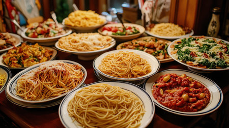 A table full of different spaghetti dishes, including carbonara, marinara, and pesto, each plated beautifully in an Italian-style setting.の素材