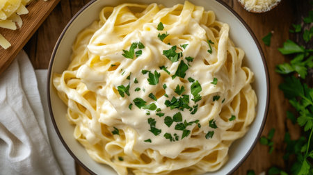A top-down view of fresh fettuccine pasta being served with a creamy Alfredo sauce and garnished with fresh parsley.の素材
