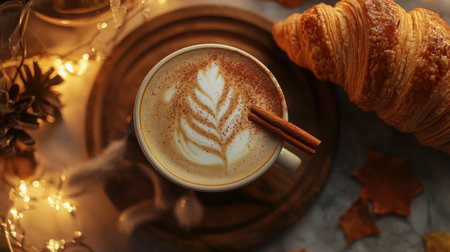 A top-down view of a cozy coffee setup with a cappuccino topped with frothy milk art, a cinnamon stick, and a freshly baked croissant.の素材