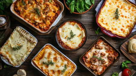 A top-down view of different types of lasagna, including meat, vegetable, and seafood varieties, served on a rustic wooden table.の素材