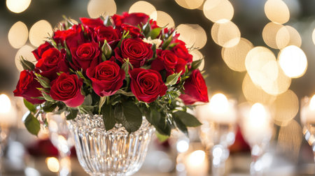 A close-up of a red rose bouquet arranged in a crystal vase, with bokeh lights in the background.の素材