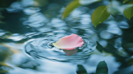 A delicate pink rose petal floating on a still pond, surrounded by soft ripples and natural light reflecting on the water.の素材