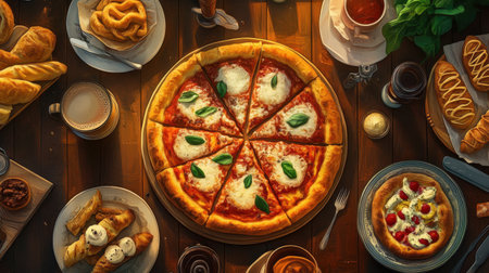 A top-down view of a warm Italian bakery spread, with freshly baked pizza, breadsticks, and cannoli served with a cup of espresso.の素材