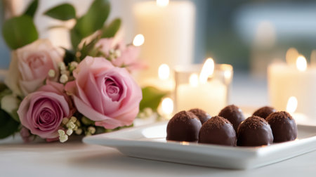 A minimalist dessert table featuring dark chocolate truffles, a small bouquet of roses, and candles for Valentines Day.の素材