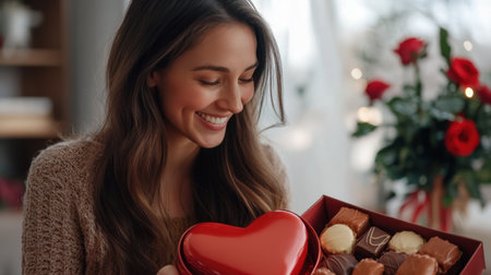 A festive Valentine chocolate delivery, with chocolates in a heart-shaped box being opened by a happy recipient, with roses in the background.の素材