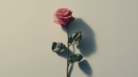A minimal flat lay of a single pink rose, isolated on a white background with open space for overlays.の素材