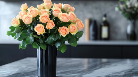 A modern rose bouquet arrangement with soft peach and yellow roses, resting in a sleek black vase on a marble countertop.の素材