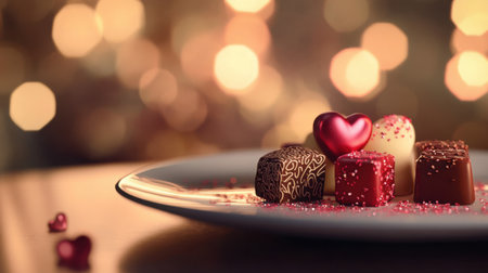 A plate of gourmet Valentines chocolates with intricate designs, set against a blurred romantic background.の素材