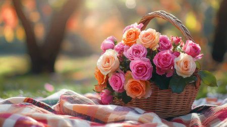 A vibrant arrangement of roses in a wicker basket, placed on a picnic blanket with soft morning light.の素材