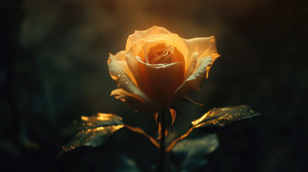 A romantic close-up shot of a yellow rose in full bloom, with soft petals unfolding under soft lighting for a serene atmosphere.の素材