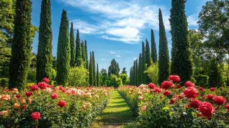 A peaceful rose garden surrounded by tall trees, with rows of vibrant roses blooming under a bright blue sky.の素材