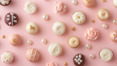 A romantic flat lay of Valentine chocolates featuring floral designs, gold accents, and edible pearls on a pastel pink background.の素材