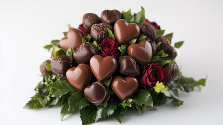 A Valentine chocolate bouquet featuring heart-shaped chocolates, wrapped in a romantic bouquet of roses and greenery.の素材