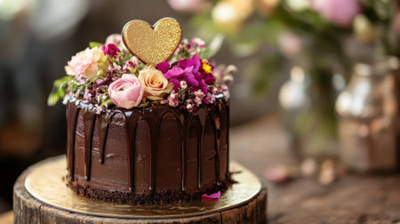 A rustic Valentine chocolate cake decorated with a ganache drip, fresh flowers, and a golden heart on top, set on a wooden table.の素材