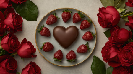 A top-down shot of Valentine chocolate strawberries arranged in a heart shape on a plate, surrounded by fresh red roses.の素材