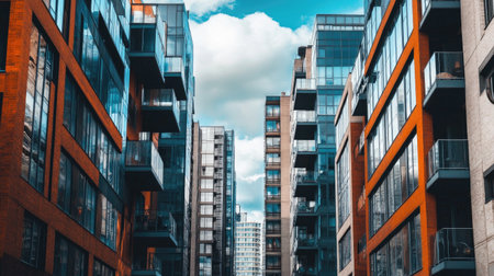 A stunning view of a modern multi-storey apartment complex featuring sleek designs, large windows, and vibrant colors, framed by a beautiful sky.の素材