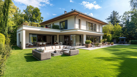 Discover an elegant villa featuring expansive terraces and lush greenery. This property offers a perfect balance of modern design and tranquil outdoor living, ideal for relaxation.の素材