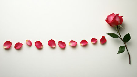 A trail of pink rose petals leading toward a single blooming rose on a white background, creating balance.の素材