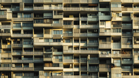 A close-up view of a modern high-rise apartment building, showcasing its unique facade with balconies, varied glass panels, and contemporary architectural design.の素材