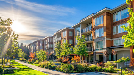 A stunning modern apartment building facade complements a vibrant landscape, featuring lush greenery and a bright sunset backdrop, perfect for contemporary living.の素材