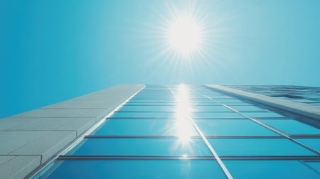 A modern apartment building exterior showcasing sleek glass and a vibrant blue sky. The sunlight reflects off the facade, creating a striking visual effect perfect for urban architecture themes.の素材