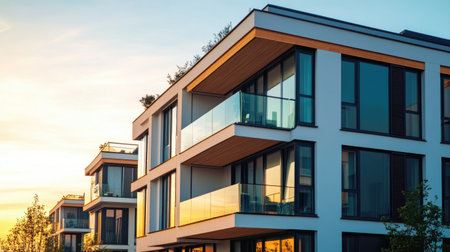 This image showcases a modern apartment building featuring elegant architecture and expansive glass balconies, perfect for contemporary living in an urban setting.の素材